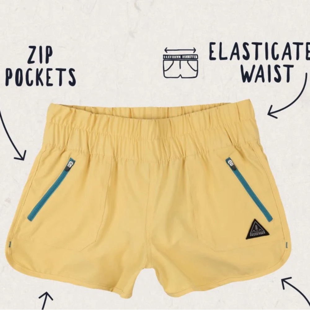 Yellow, zipper pocket shorts.